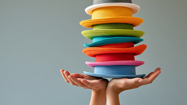 Close-up of a person's hands balancing a stack of colorful hats overhead, multiple roles and identities metaphor, playful concept, with copy space