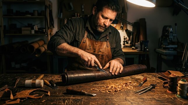 Leather artisan cutting dark brown hide with knife in workshop studio