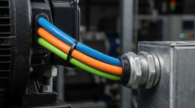 Blue, orange, and green electrical cables connected to metal housing