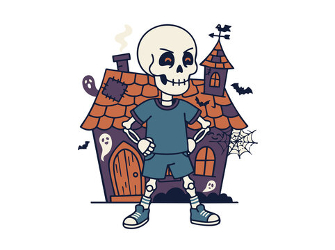 Skeleton standing near haunted
