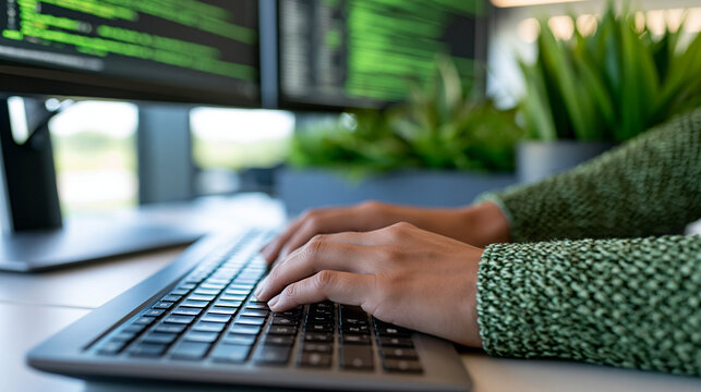 Close-up of a programmer's hands typing on a keyboard with dual monitors and plants in the defocused background, coding workspace concept, with copy space