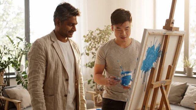 Two men discuss painting beside easel while artist holds blue paint cup and brush. Bright studio interior, canvas with energetic blue strokes, plants and seating create collaborative creative