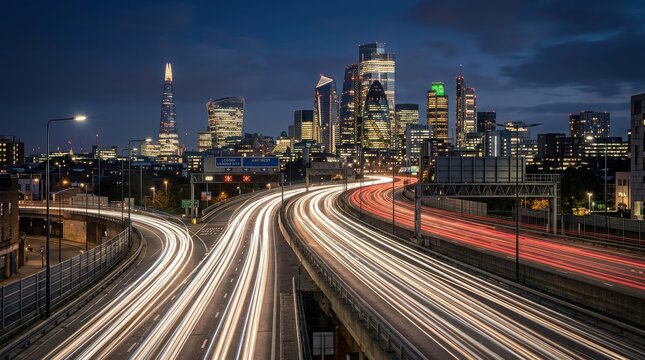 London skyline at night with light trails on a busy urban highway