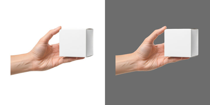 A person holding a small blank white cube box in their hand transparent png