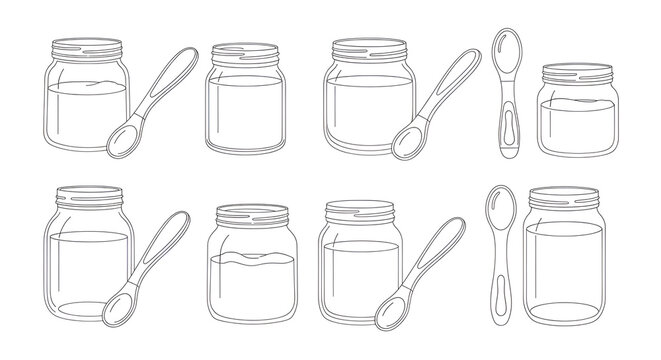 Line Art Illustration of Glass Baby Food Jars and Feeding Spoons