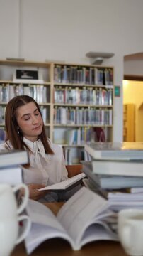 Vertical screen tired young woman pauses reading and looks upward while holding a book in library surrounded by study materials as she struggles to stay focused on study