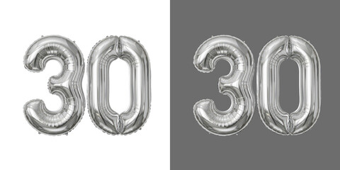 Shiny silver thirty birthday number balloons for party celebration transparent png © Habib