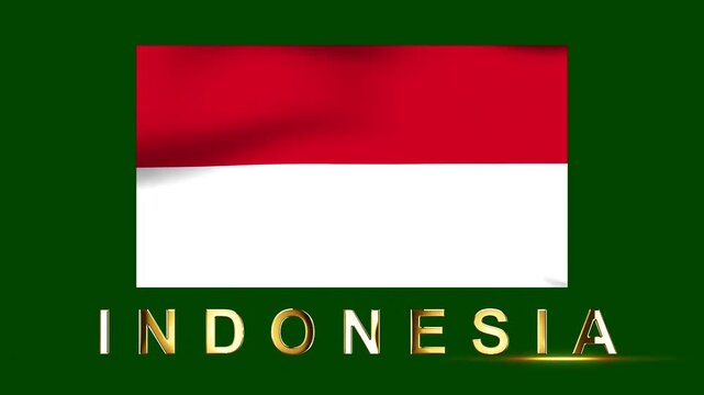 Waving flag of Indonesia on a dark green background with shiny metallic golden letters spelling the country name