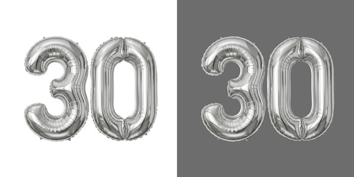 Shiny silver thirty birthday number balloons for party celebration transparent png