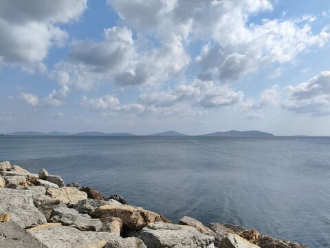 Beautiful seascape view of Marmara sea with islands under blue sky and white clouds