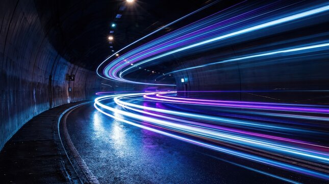 Long exposure light trails of vehicles moving through a dark tunnel