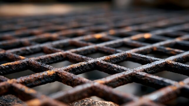 Close up of weathered metal grate showing textured rust patterns under warm directional lighting