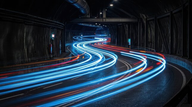 Long exposure light trails of vehicles moving through a dark tunnel