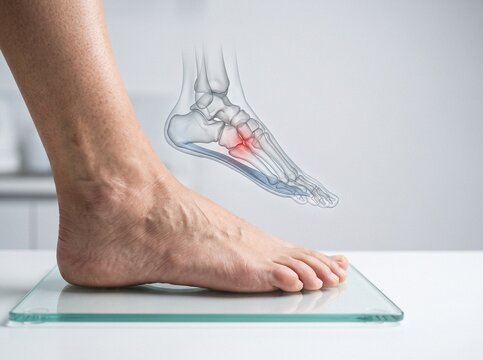 Close-up of human foot on digital scale with 3D holographic arch anatomy and red pain point overlay