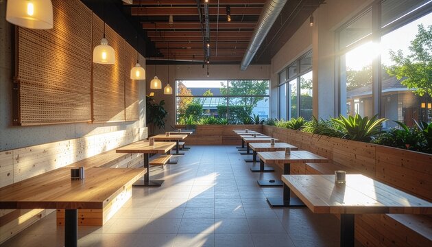 Sun-drenched modern cafe interior with wooden tables