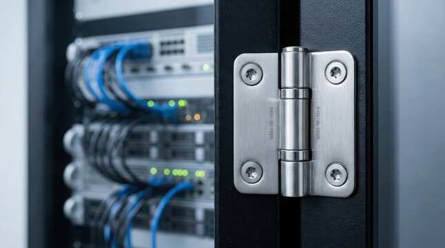 Metal hinge on a server rack door with blurred network equipment steel
