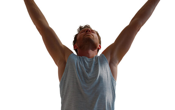Male adventurer performing a relaxed stretching pose while preparing his body for hiking exercise travel and recreational outdoor activities Isolated on transparent background PNG