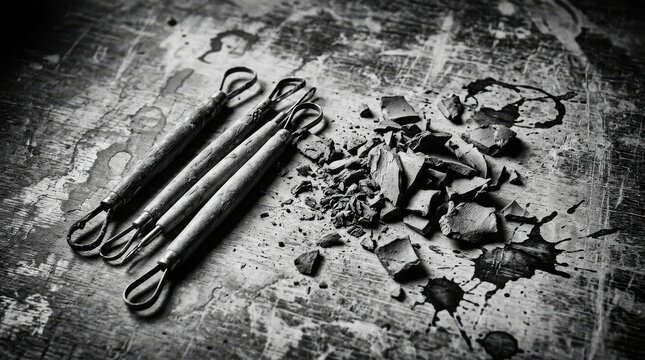 Metal pottery loop tools and broken clay pieces on scratched surface
