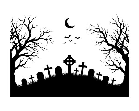 Haunting graveyard scene with bare trees and moon under night sky
