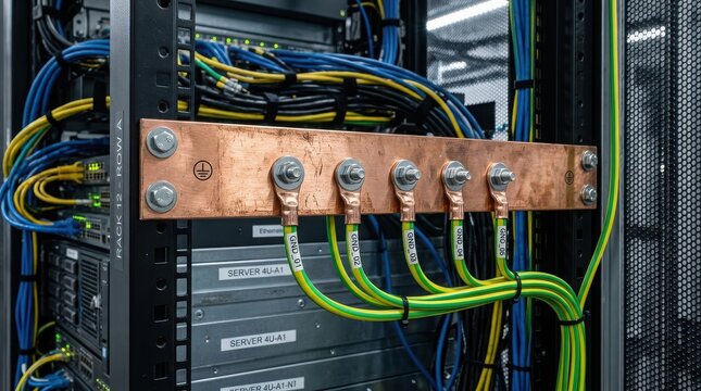 Copper grounding busbar with green and yellow cables in server rack
