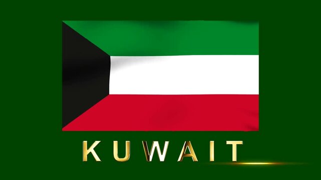 Waving flag of Kuwait with gold text isolated on green background