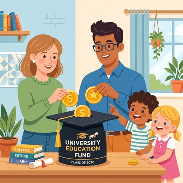 Flat vector illustration of parents putting gold coins into graduation cap piggy bank for university education fund