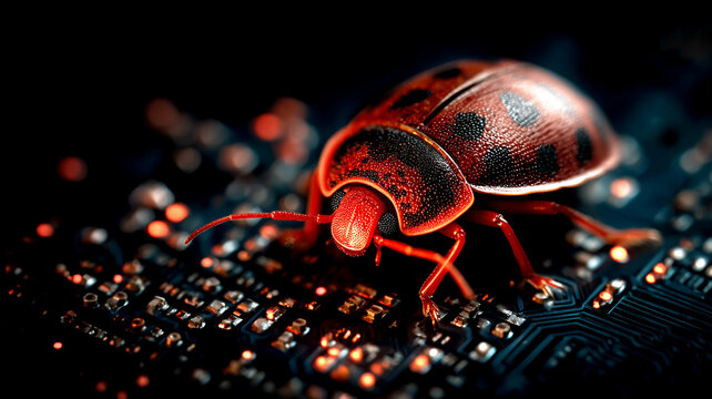 A ladybug standing on a circuit board represents software bug detection debugging and technology troubleshooting.
