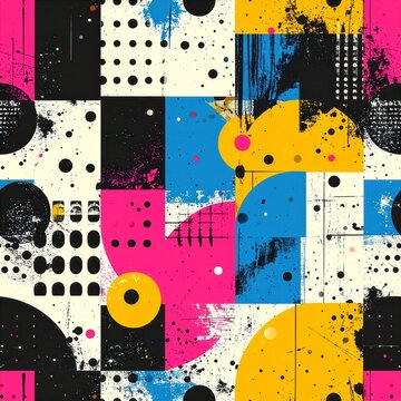 Abstract grunge geometric pattern with colorful pop art forms and polka dots, CMYK registration marks style