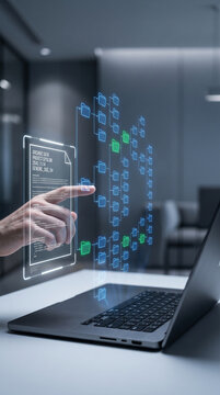 Hand interacting with holographic file system interface on laptop, visualizing data structure and organization, representing technology, digital management, and information flow