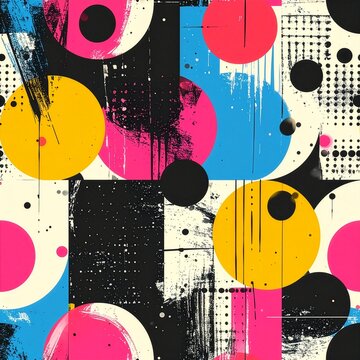 Abstract grunge geometric pattern with colorful pop art forms and polka dots, CMYK registration marks style