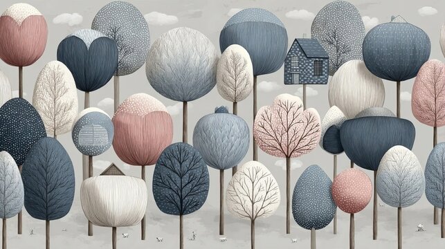 Abstract Foliage Landscape With Stylized Trees In Pastel Patterns Professional Design Illustration.