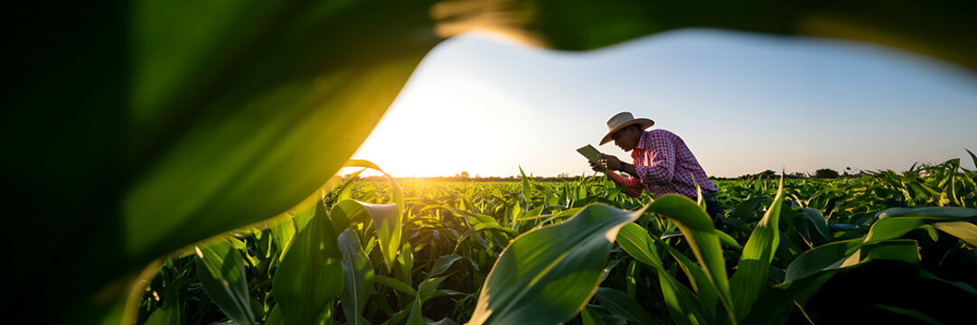 A farmer in a hat stands in a lush green corn field at sunset, holding a tablet to monitor crops with golden sunlight glowing in the sky
