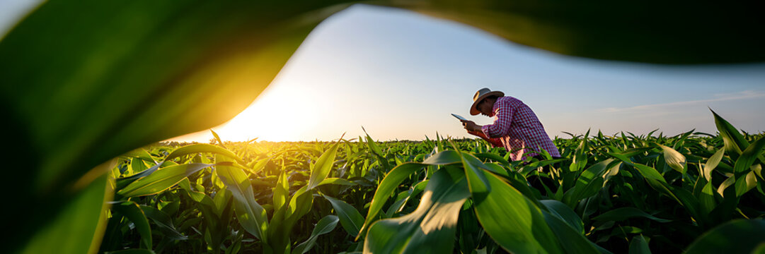 A farmer in a hat stands in a lush green corn field at sunset, holding a tablet to monitor crops with golden sunlight glowing in the sky