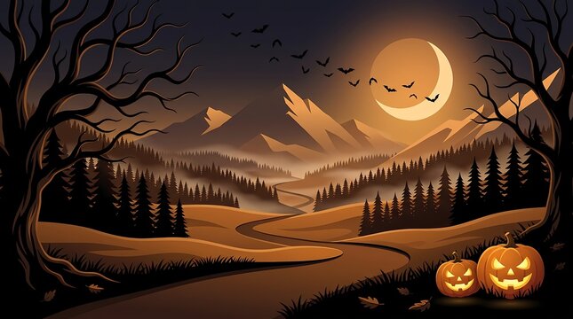 Spooky halloween landscape with pumpkins and full moon at night