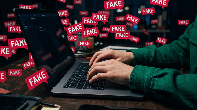 Person typing on laptop with red "FAKE" speech bubbles floating around, symbolizing misinformation and online deception
