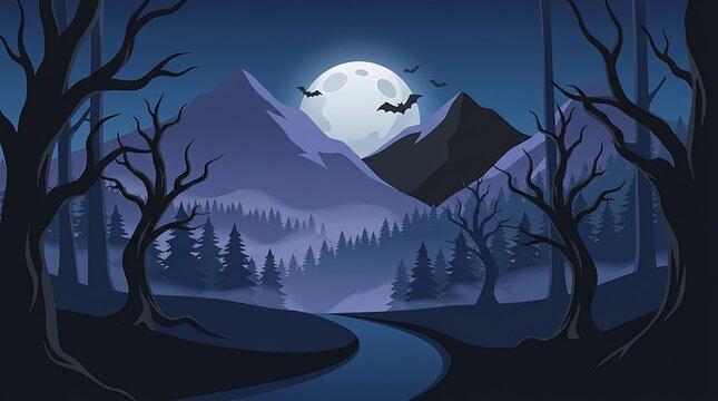 Pixel art landscape with full moon mountains forest and flying bats