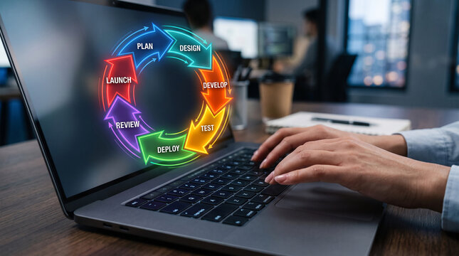 Laptop displaying a neon cycle diagram of project management phases, representing a workflow, symbolizing efficiency and planning for business success