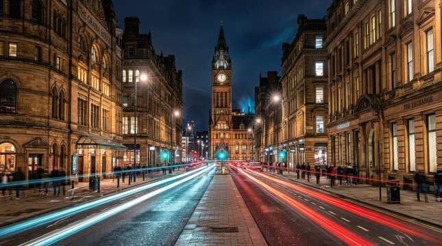 Night street view of manchester town hall with light trails, england