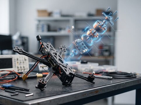 Exploded-view holographic assembly of FPV drone motor and ESC on workbench