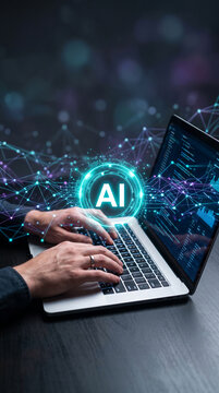 Hands typing on a laptop with glowing AI symbol and network graphic, representing technology and innovation