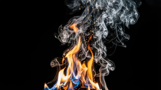 Orange and blue flames rising with swirling gray smoke on black fire