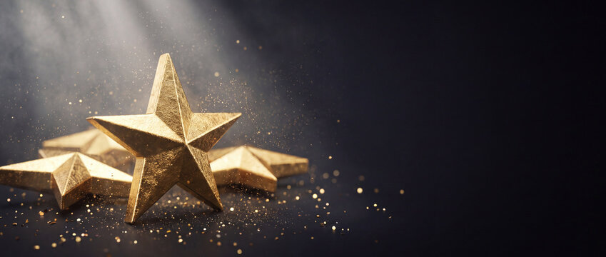 Golden stars with glittering light background featuring metallic five-pointed star figures on a dark textured surface with copy space for award, achievement, rating, and holiday banner design
