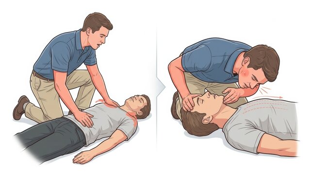 A person performs first aid on an unconscious individual during a workplace emergency response drill, focusing on checks and rescue techniques.