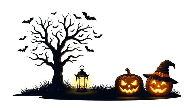 Spooky halloween tree with lantern and pumpkins isolated on white background