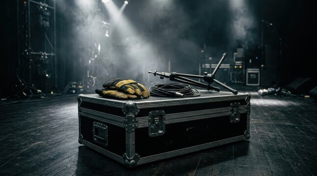 Road case with work gloves, microphone stand, and cable on stage floor