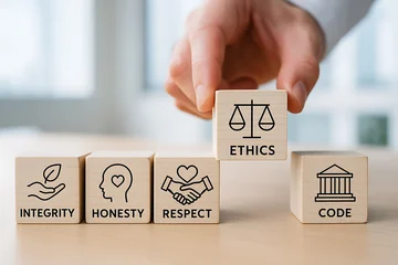 Wooden cubes with line icons representing ethics and corporate values © 121icons