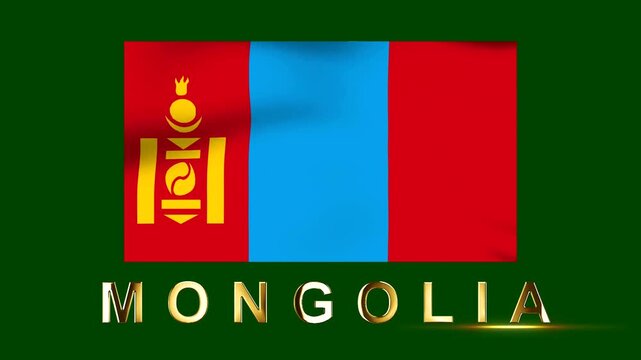Waving flag of Mongolia with golden country name text overlay on green background