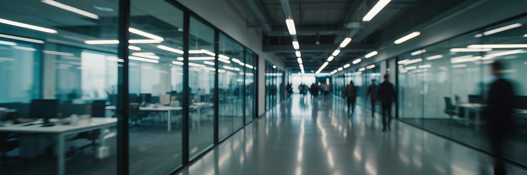 A long perspective view of a modern office corridor with glass walls, bright ceiling lights, and blurred silhouettes of employees walking