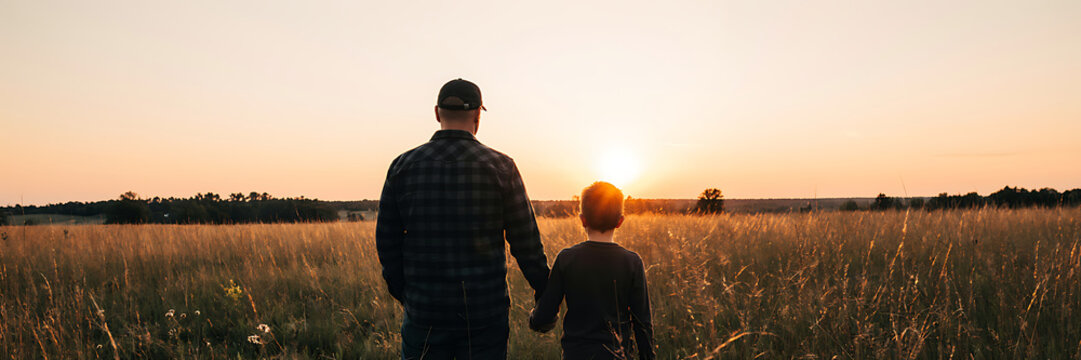 A father and his young son walking hand in hand through a tall grass field during a peaceful and warm sunset in the countryside landscape