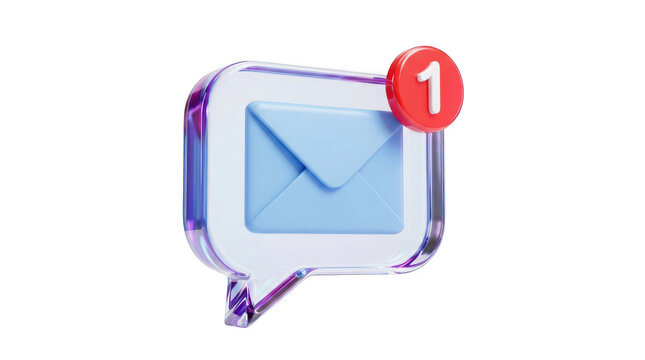3d render of a glass speech bubble with a blue envelope and a red notification badge isolated on transparent background